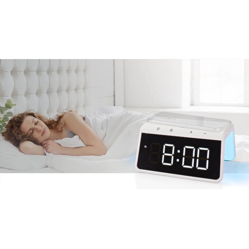 Herätyskello LCD-näytöllä ja langattomalla laturilla 15W/230V valkoinen
