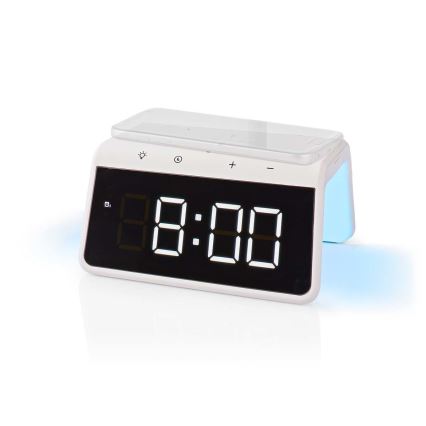 Herätyskello LCD-näytöllä ja langattomalla laturilla 15W/230V valkoinen