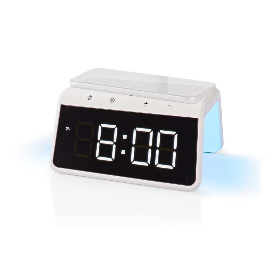 Herätyskello LCD-näytöllä ja langattomalla laturilla 15W/230V valkoinen