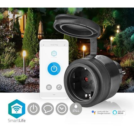 Nedis WIFIPO110FBK - Älykäs pistorasia 3680W / 230V / Schuko Type F / 16A Wi-Fi IP44 musta