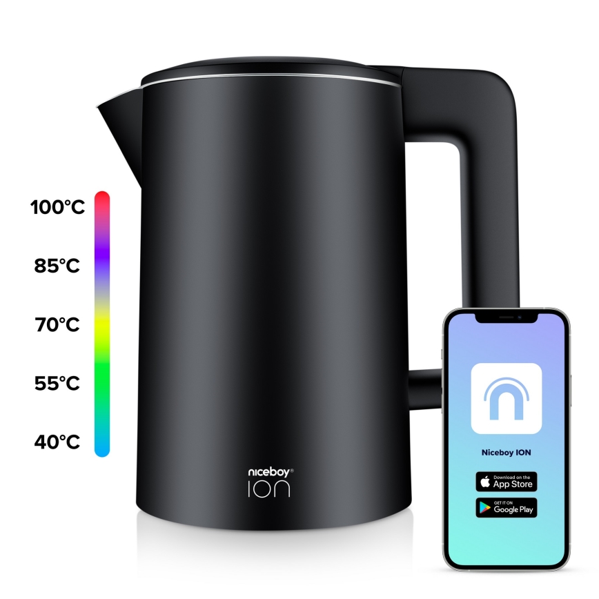 Niceboy ION SmartKettle - Älykäs vedenkeitin lämmönsäätelyllä 1,7 l 2200W/230V Wi-Fi musta