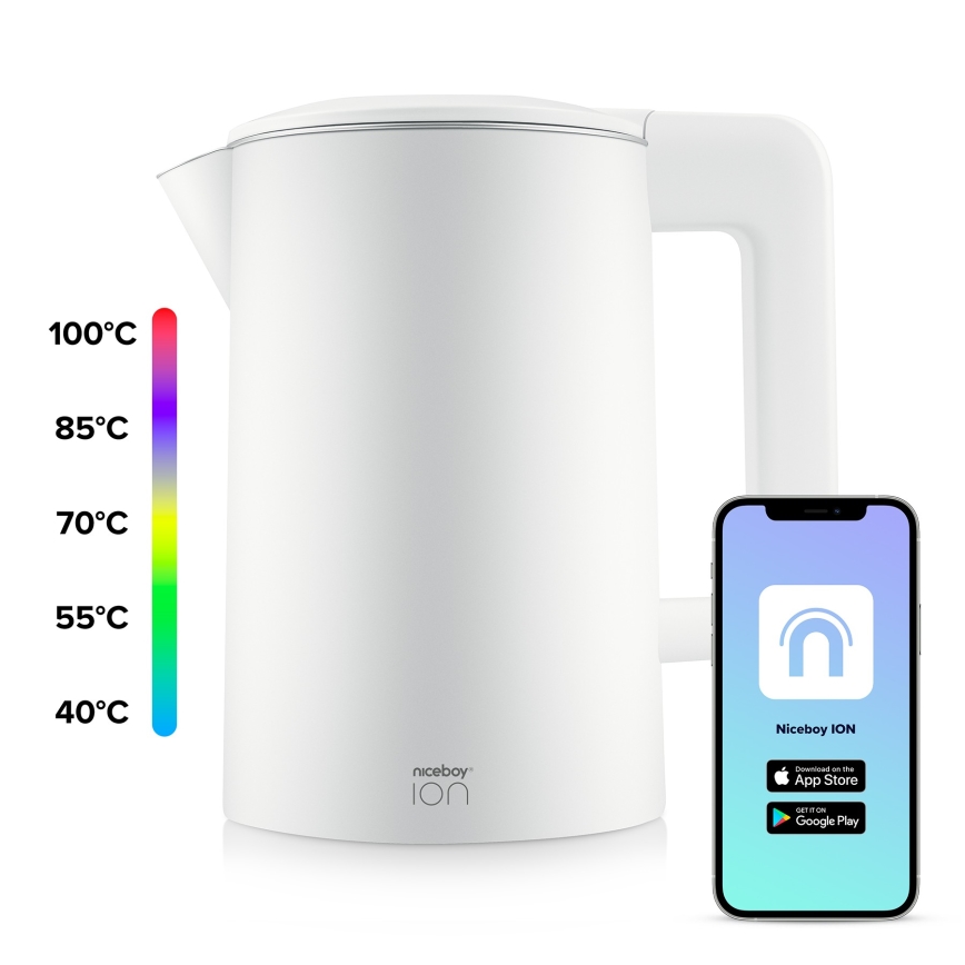 Niceboy ION SmartKettle - Älykäs vedenkeitin lämmönsäätelyllä 1,7 l 2200W/230V Wi-Fi valkoinen