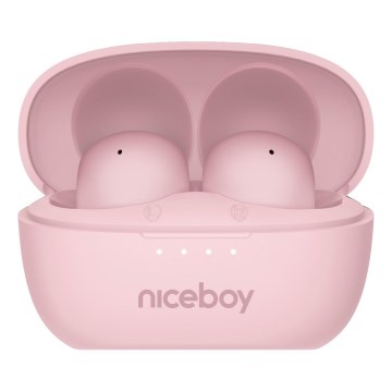 Niceboy Podsie 4 POP - Langattomat nappikuulokkeet, latauskotelo 400 mAh + 2 x 40 mAh, IPX4, vaaleanpunainen