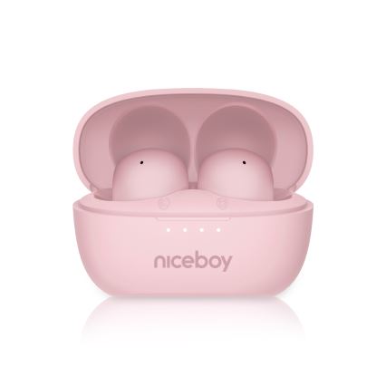 Niceboy Podsie 4 POP - Langattomat nappikuulokkeet, latauskotelo 400 mAh + 2 x 40 mAh, IPX4, vaaleanpunainen