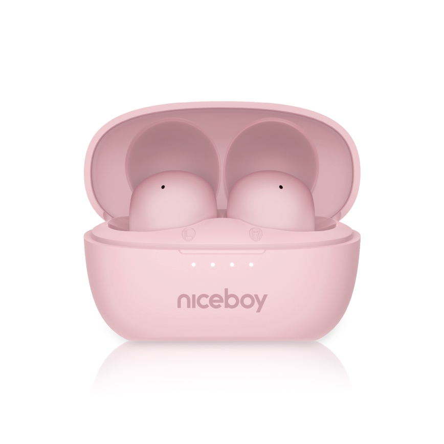 Niceboy Podsie 4 POP - Langattomat nappikuulokkeet, latauskotelo 400 mAh + 2 x 40 mAh, IPX4, vaaleanpunainen