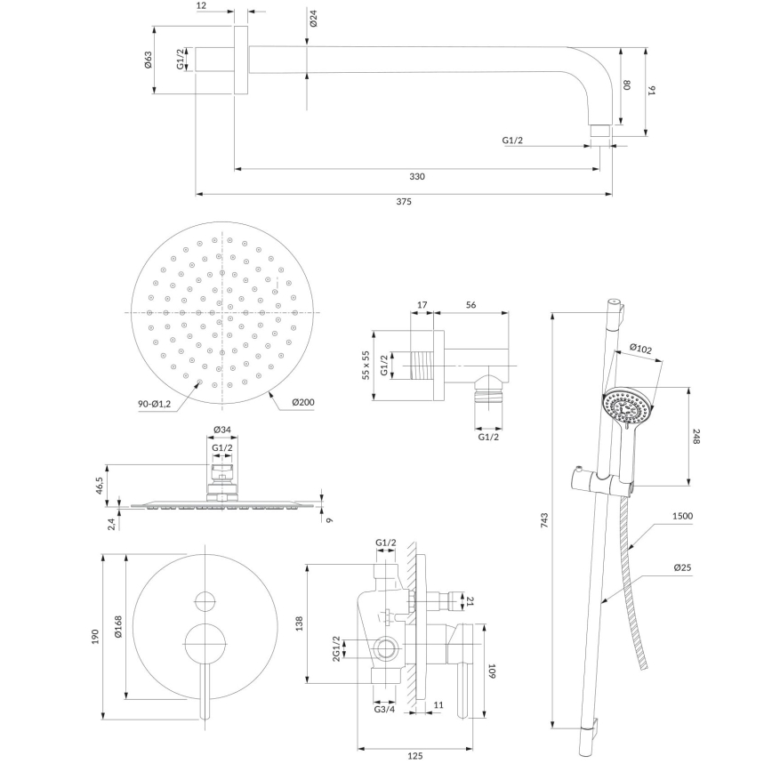 OMNIRES SYSY17CR - Suihkusetti piilotettu hana Y kiiltävä kromi