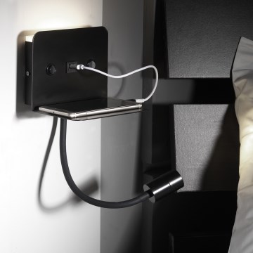 ONLI - LED Joustava pieni lamppu hyllyn kanssa ja USB lataus PLAK LED/1W/230V musta