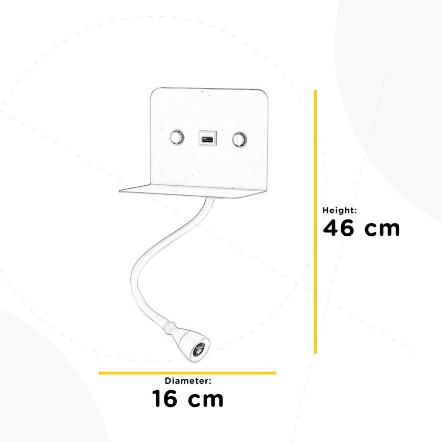 ONLI - LED Joustava pieni lamppu hyllyn kanssa ja USB lataus PLAK LED/1W/230V musta