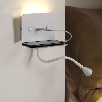 ONLI - LED Joustava pieni lamppu hyllyn kanssa ja USB lataus PLAK LED/1W/230V valkoinen