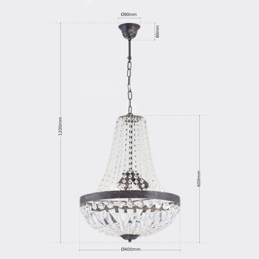 Kristalli-ketjukattokruunu ARILA 3xE27/60W/230V halkaisija 40 cm ruskea/patina
