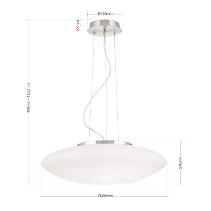 Kattokruunu johdossa BLANC 2xE27/60W/230V halkaisija 49 cm mattakromi