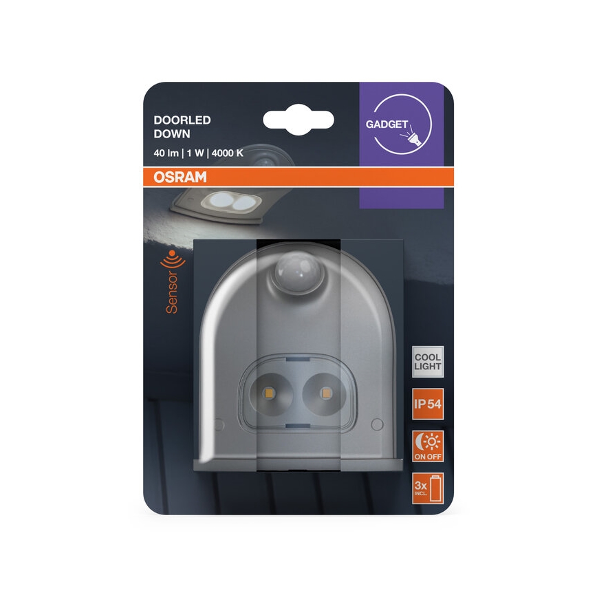 Osram - LED-ulkoseinävalaisin DOORLED-anturilla LED/0,5W/3xAA IP54 hopea