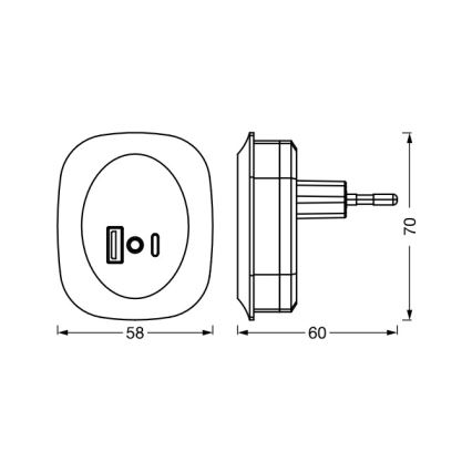 Osram - LUNETTA LED-yövalaisin pistorasiaan anturilla ja USB-liitännällä, LED/12,5W/230V, musta