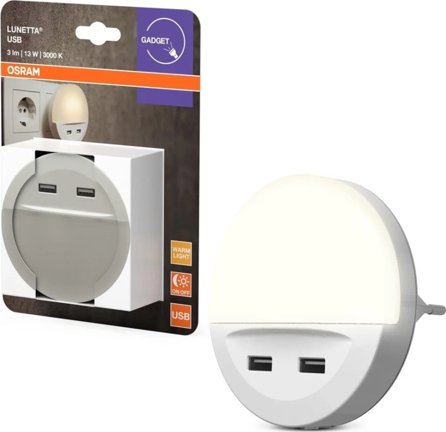 Osram - LED-yövalo pistorasiaan anturilla LUNETTA 2xUSB LED/13W/230V