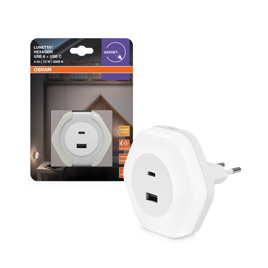 Osram - LED-opastevalaisin pistorasiaan USB-liitännällä LUNETTA LED/15W/230V valkoinen