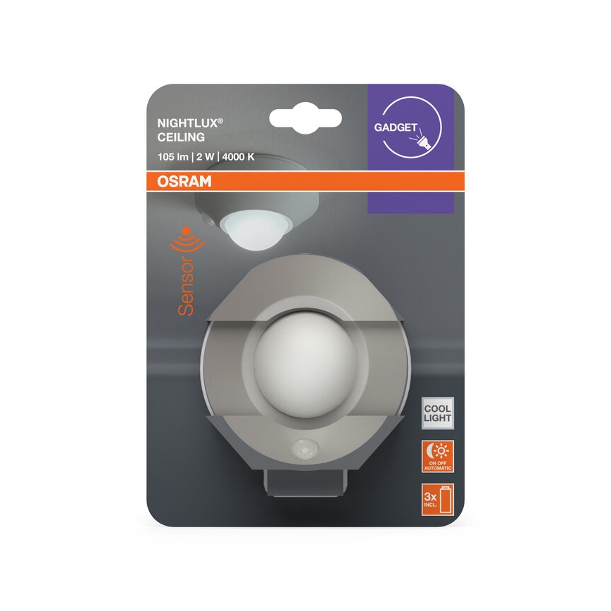 Osram - NIGHTLUX LED opastusvalaisin anturilla LED/2W/3xAA, hopeanvärinen