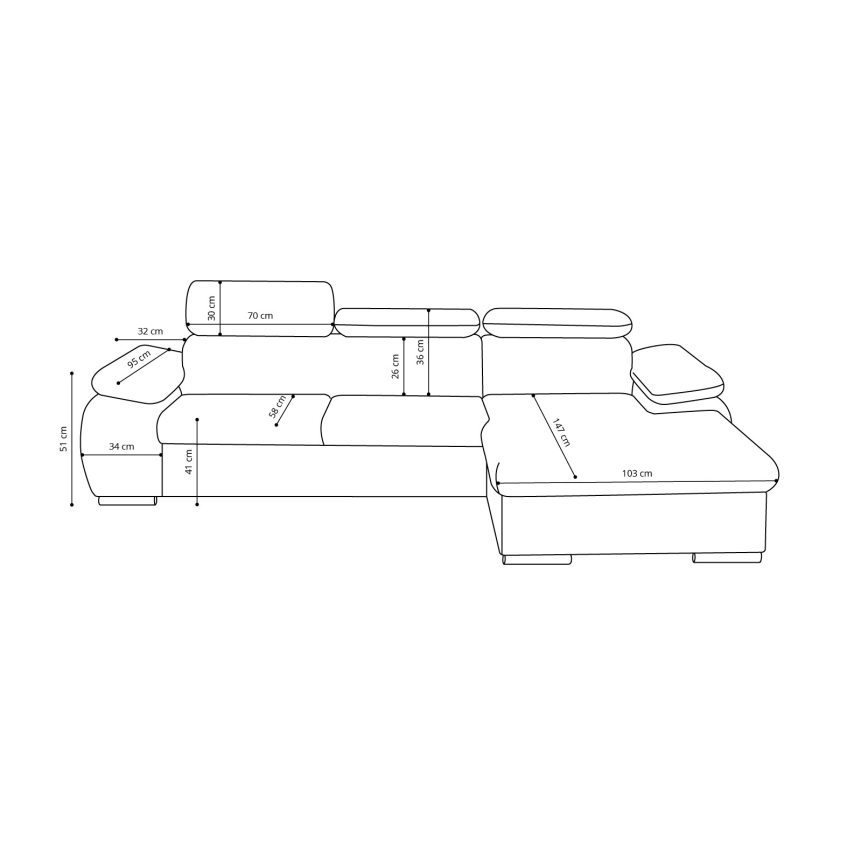 PADUA L-mallinen vuoteeksi avattava kulmasohva säilytystilalla, harmaa, oikeanpuoleinen