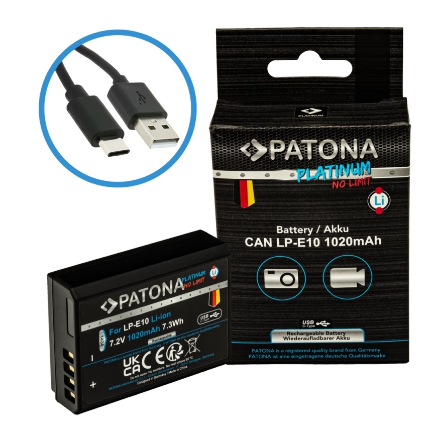 PATONA - Akku Canon LP-E10 1020mAh Li-Ion Platinum USB-C lataus