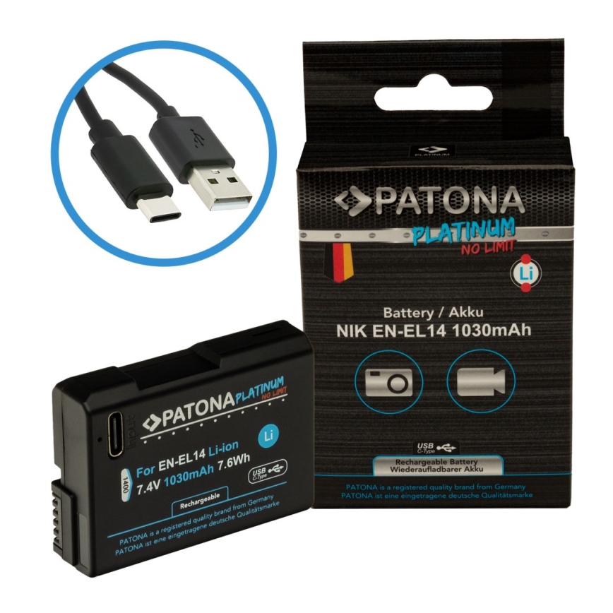 PATONA - Akku Nikon EN-EL14/EN-EL14A 1030mAh Li-Ion Platinum USB-C lataus