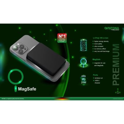 PATONA - Laturi 10000mAh Li-Pol-PD20W MagSafe USB-C ja Qi lataus