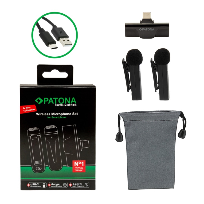PATONA - SETTI 2x Langaton mikrofoni älypuhelimille USB-C 5V
