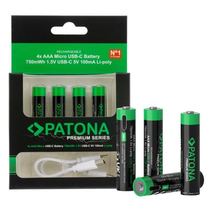 PATONA - SETTI 4x Akku AAA/LR03 Li-Pol 500mAh 1,5V kanssa USB-C lataus