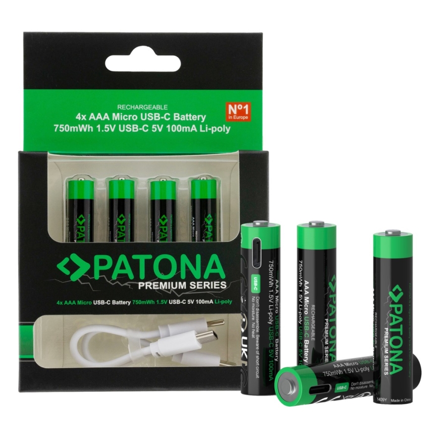 PATONA - SETTI 4x Akku AAA/LR03 Li-Pol 500mAh 1,5V kanssa USB-C lataus