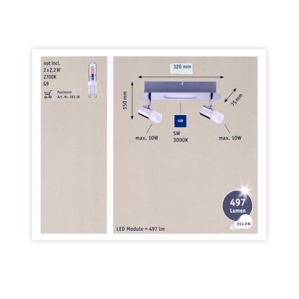 Paulmann 66647 - LED-kohdevalaisin 2xG9/10W/230V + LED/5W
