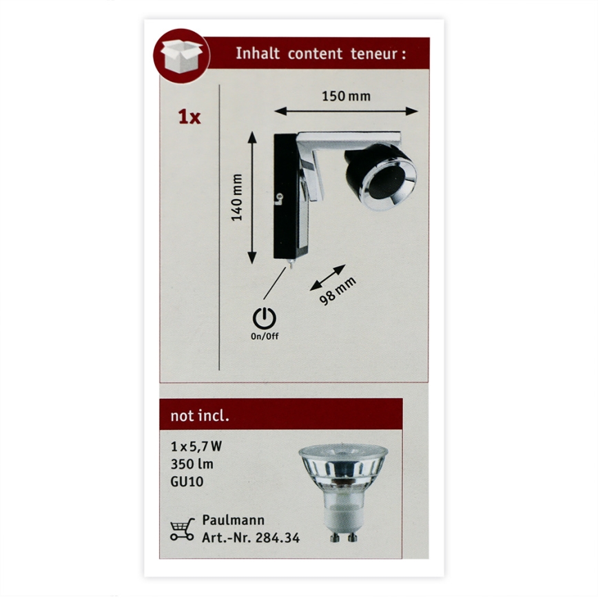 Paulmann 66670 - 1xGU10/10W Kohdevalo seinälle TURN 230V musta