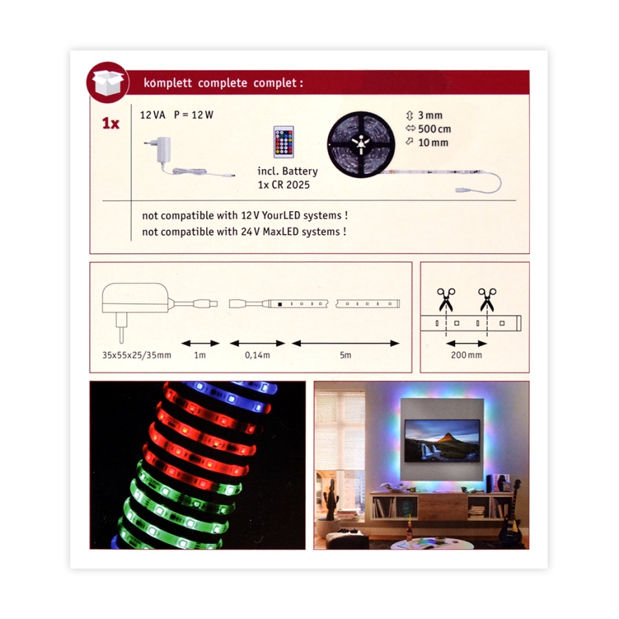 Paulmann 70513 - LED RGB / 10W himmennettävä nauha yksinkertainen 5m 230V + RC