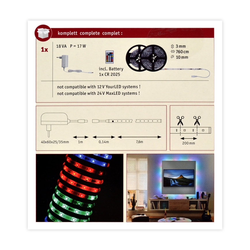 Paulmann 70514 - LED RGB / 15W himmennettävä nauha yksinkertainen 7,5m 230V + RC