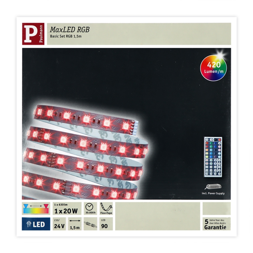 Paulmann 70587 - LED RGB/20W Himmennettävä nauha MAXLED 1,5m 230V + kauko-ohjain