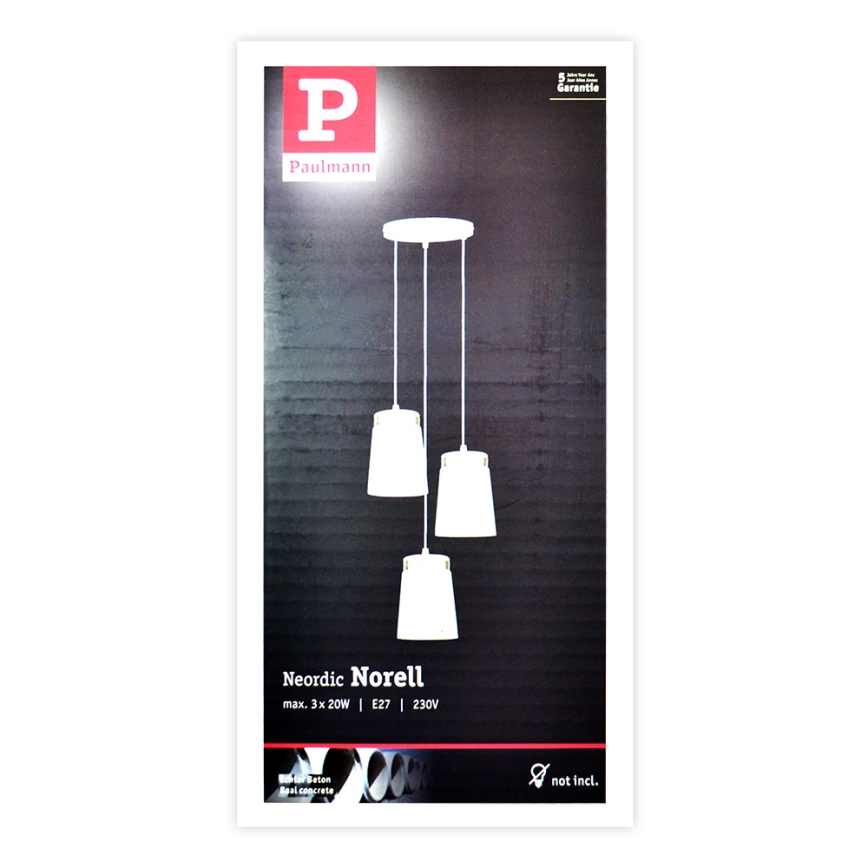 Paulmann 79627 - Kattokruunu narulla NORELL 3xE27/20W/230V betoni