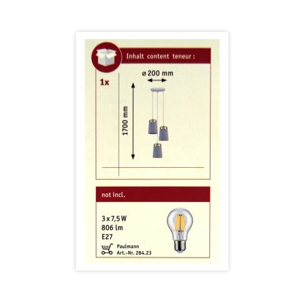 Paulmann 79627 - Kattokruunu narulla NORELL 3xE27/20W/230V betoni