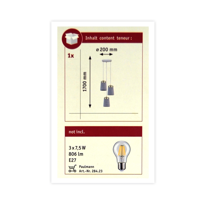 Paulmann 79627 - Kattokruunu narulla NORELL 3xE27/20W/230V betoni