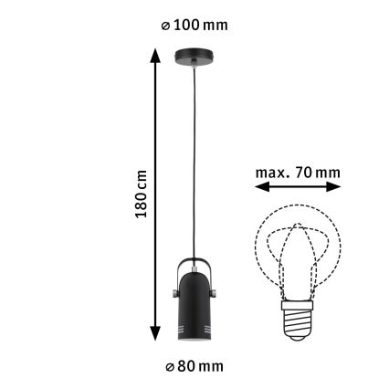 Paulmann 79766 - LAVEA-riippuvalaisin vaijerilla, 1x E27/15W, 230V, musta