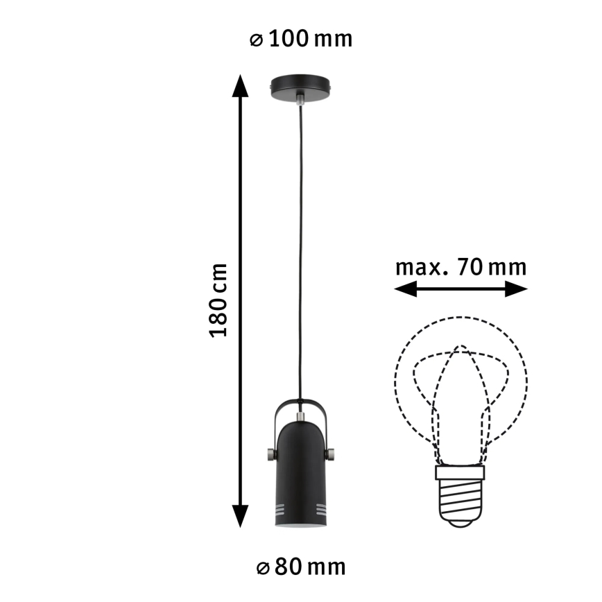 Paulmann 79766 - LAVEA-riippuvalaisin vaijerilla, 1x E27/15W, 230V, musta