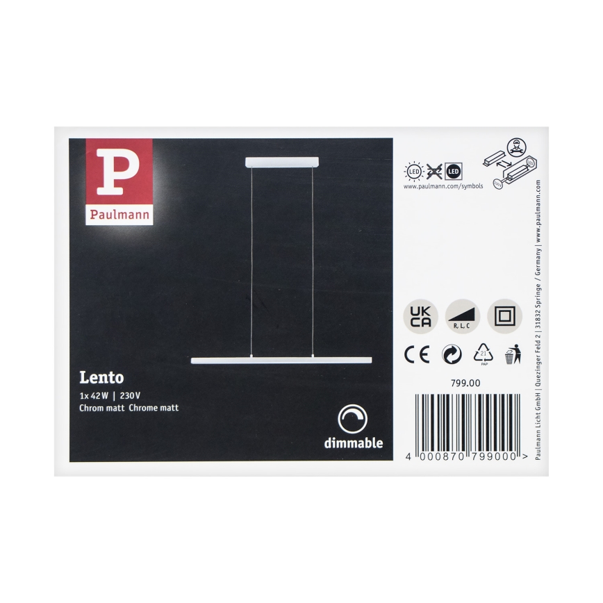 Paulmann 79900 - LED/42W Himmennettävä kattokruunu johdossa LENTO 230V mattakromi