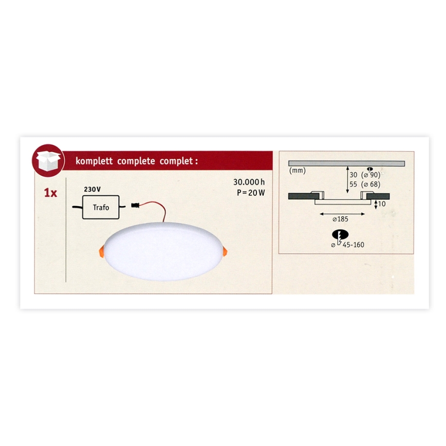Paulmann 92392 - LED/17,5W IP44 Kylpyhuoneen upotettu valo VARIFIT 230V