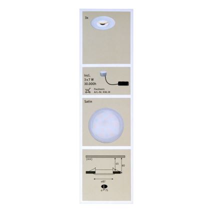 Paulmann 92847 - SETTI 3xLED/7W IP65 Himmennettävä kylpyhuoneen kattovalaisin COIN 230V