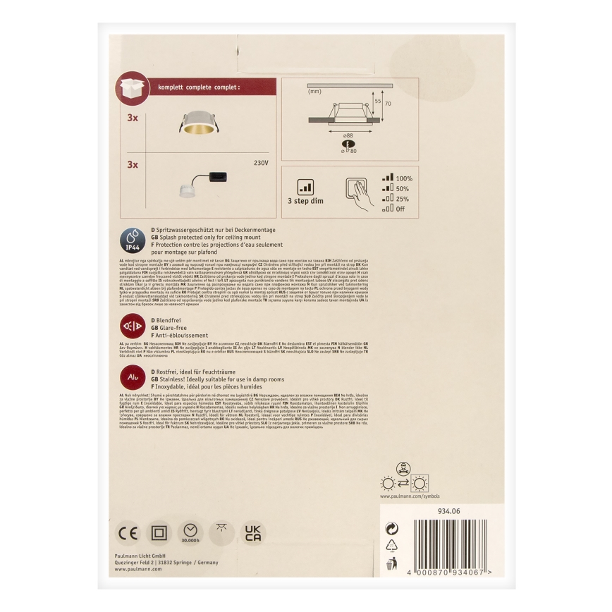 Paulmann 93406 - SET 3xLED/6,5W IP44 Himmennettävä upotettava kylpyhuonevalo COLE 230V