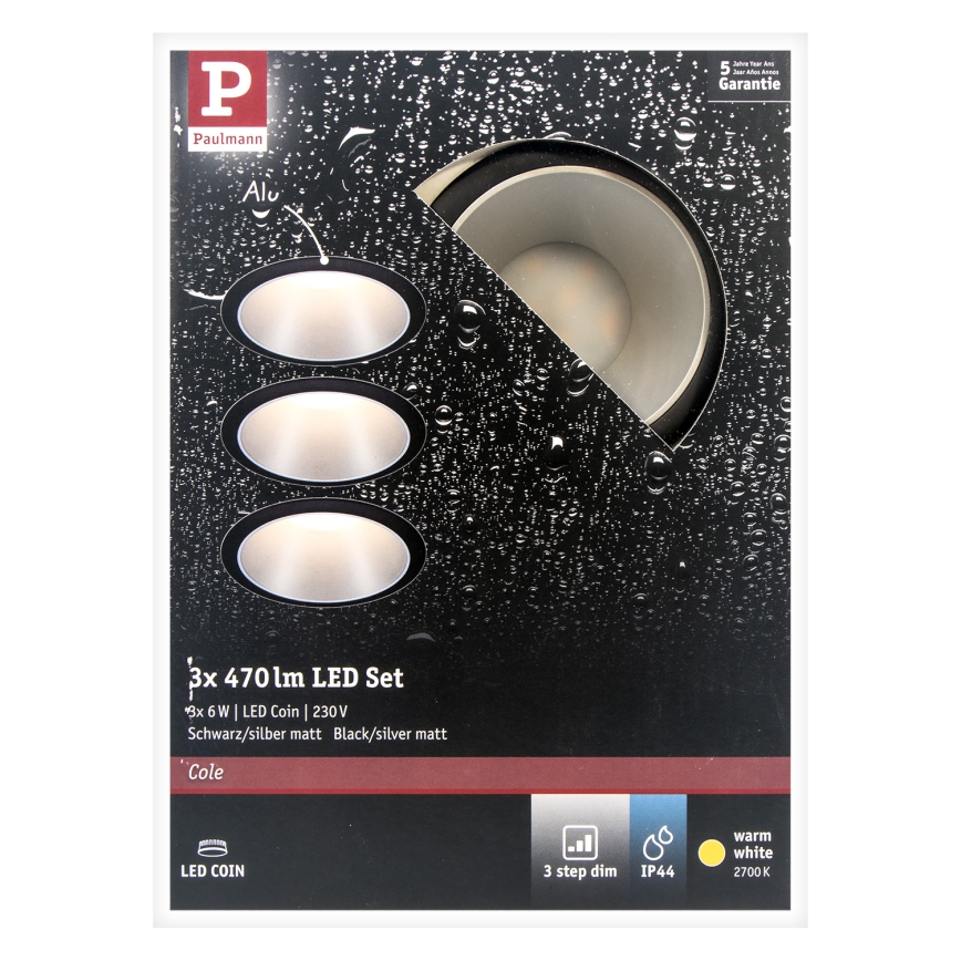 Paulmann 93408 - SET 3xLED/6,5W IP44 Himmennettävä upotettava kylpyhuonevalo COLE 230V