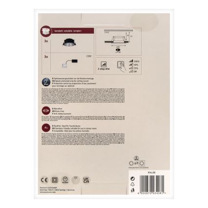 Paulmann 93408 - SET 3xLED/6,5W IP44 Himmennettävä upotettava kylpyhuonevalo COLE 230V