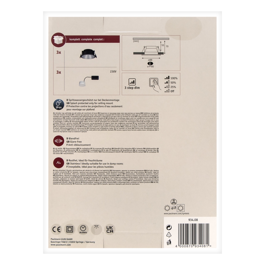 Paulmann 93408 - SET 3xLED/6,5W IP44 Himmennettävä upotettava kylpyhuonevalo COLE 230V