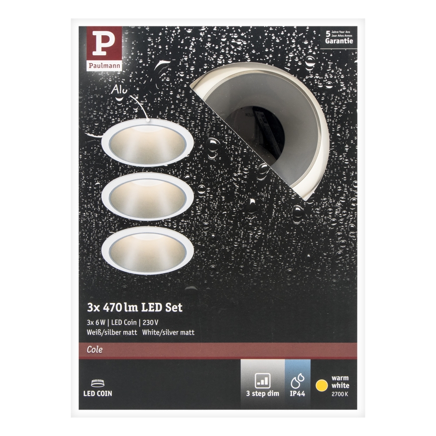 Paulmann 93410 - SET 3xLED/6,5W IP44 Himmennettävä upotettava kylpyhuonevalo COLE 230V