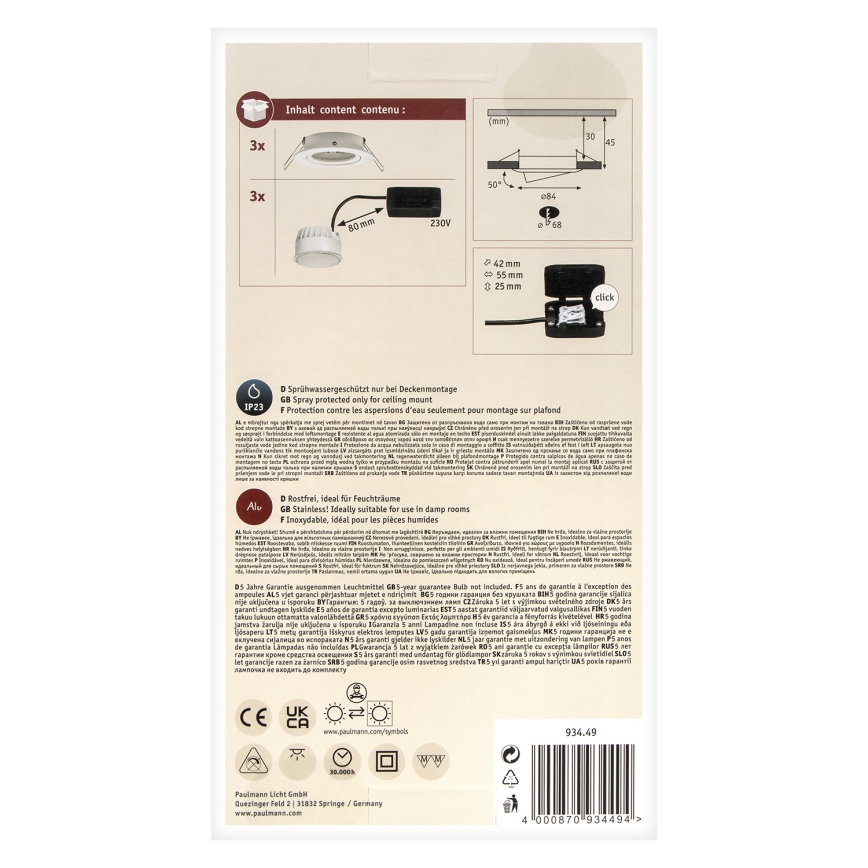 Paulmann 93449 - SETTI 3xLED/6,5W IP23 Kylpyhuoneen upotettu valo NOVA 230V