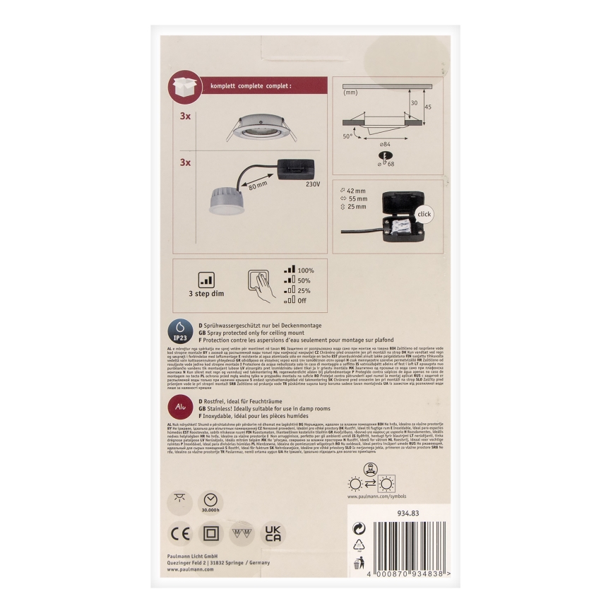 Paulmann 93483 - SET 3xLED/6,5W IP23 Himmennettävä upotettava kylpyhuonevalo NOVA 230V