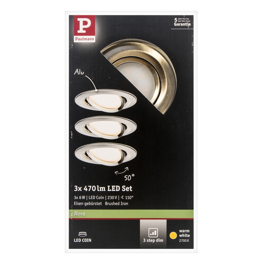 Paulmann 93483 - SET 3xLED/6,5W IP23 Himmennettävä upotettava kylpyhuonevalo NOVA 230V