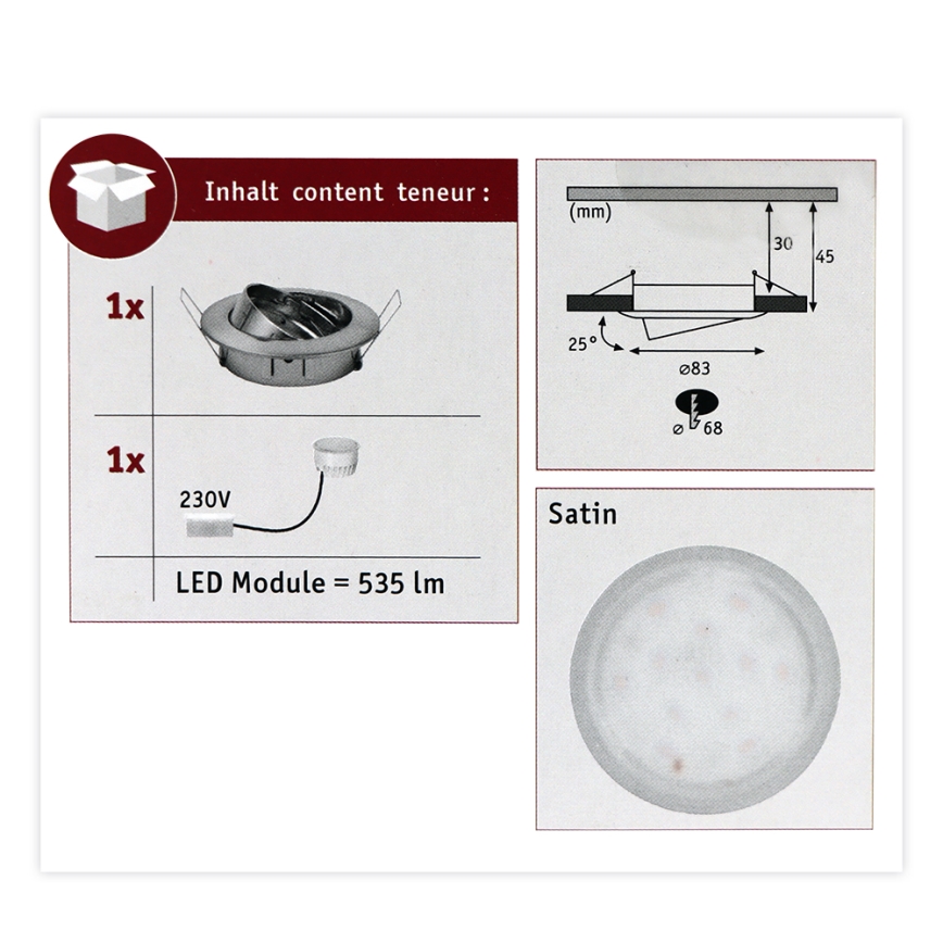 Paulmann 93979 - LED/6,8W IP23 Kylpyhuoneen upotettu valo COIN 230V