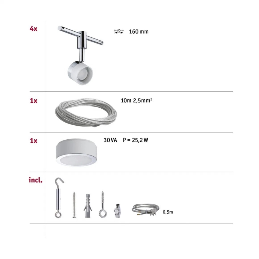 Paulmann 94080 - SETTI 4xLED/4,8W Kohdevalo kiskojärjestelmään STAGE 230V kiiltävä kromi